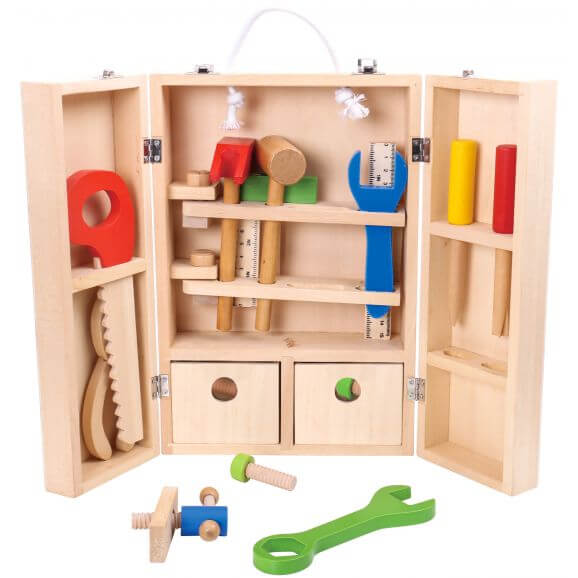 Verktygslåda i trä, leksak för barn, stort paket med många verktyg, Tooky Toy