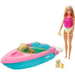 Barbiedocka och båt och hundvalp
