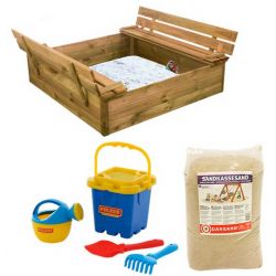 NORDIC PLAY Sandlåda med bänk och lock 120 x 120 cm, tryckimp. inkl 240 kg sand och blått strandset