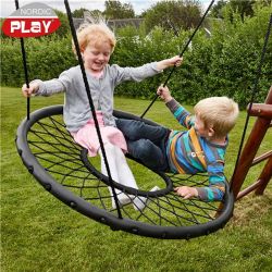 Gungställning 240 cm med plattform med svarta gungor och gungbeslag och blå rutschkana Nordic Play