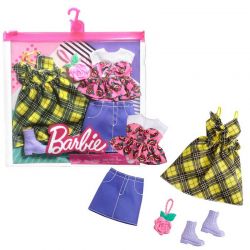 Barbiekläder 2-Pack Yellow Plaid Dress, Floral Top, Denim Skirt